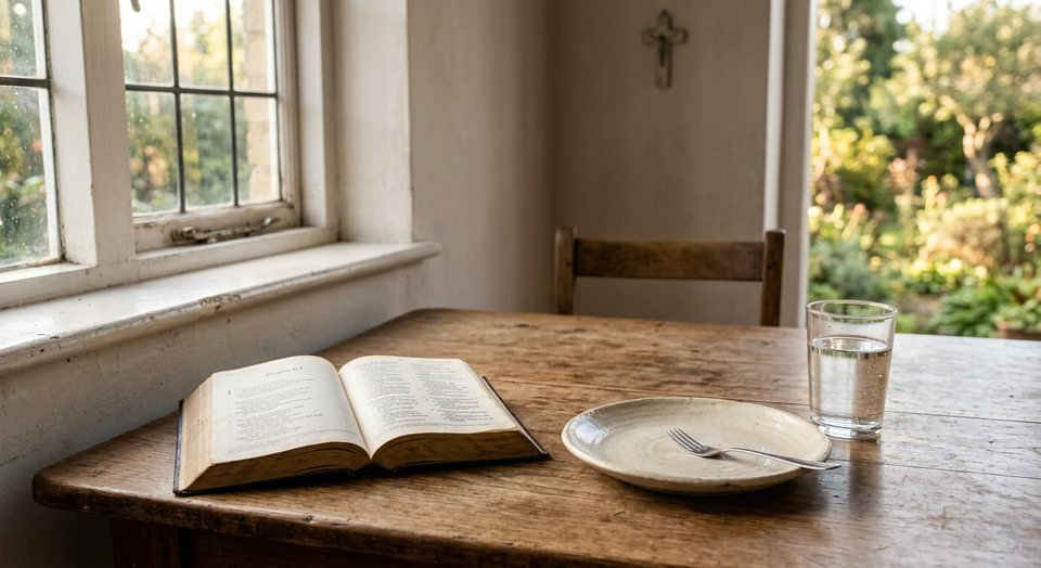 An open Bible beside an empty plate and a glass of water in the morning light, symbolizing fasting, spiritual hunger, and dep