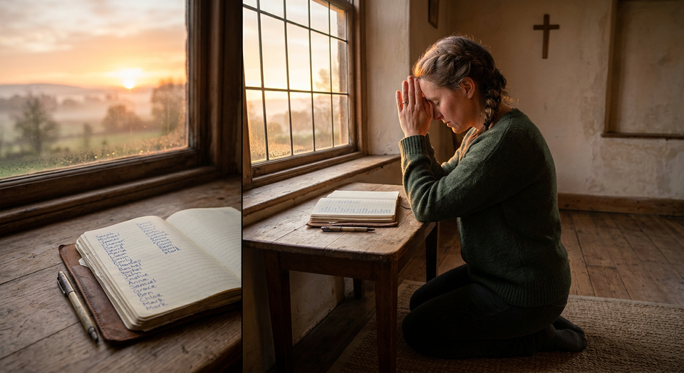 A person praying beside an open journal with names written inside, symbolizing intercessory prayer and faithfully bringing ot