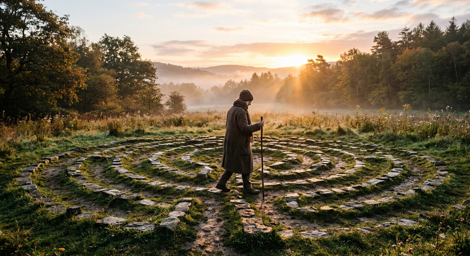 A person walking a stone labyrinth at sunrise, symbolizing prayer, patient trust, and the winding journey of faith with God.