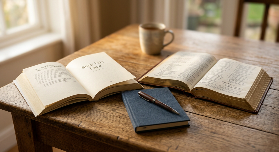 An open Bible beside a devotional book in warm morning light, symbolizing thoughtful spiritual reading and reflection.