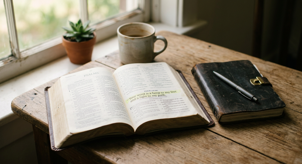 An open Bible with a single highlighted verse in soft morning light, symbolizing meditation on God’s Word.
