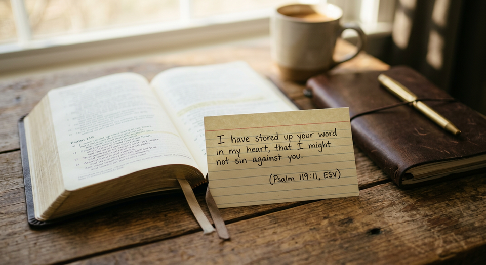 An open Bible beside a handwritten Scripture memory card in soft morning light, symbolizing carrying God’s Word in the heart.