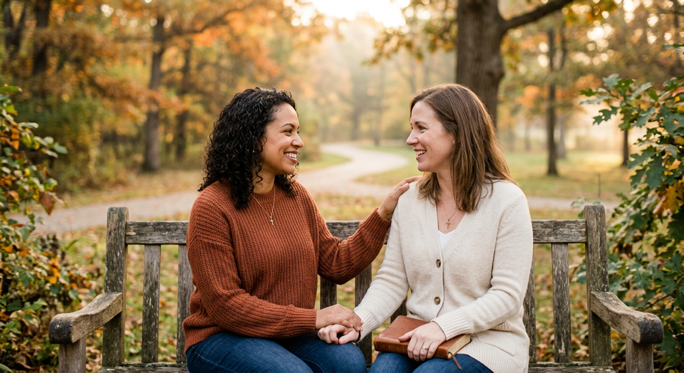A warm conversation between two people in soft morning light, symbolizing encouragement, blessing, and compassionate presence
