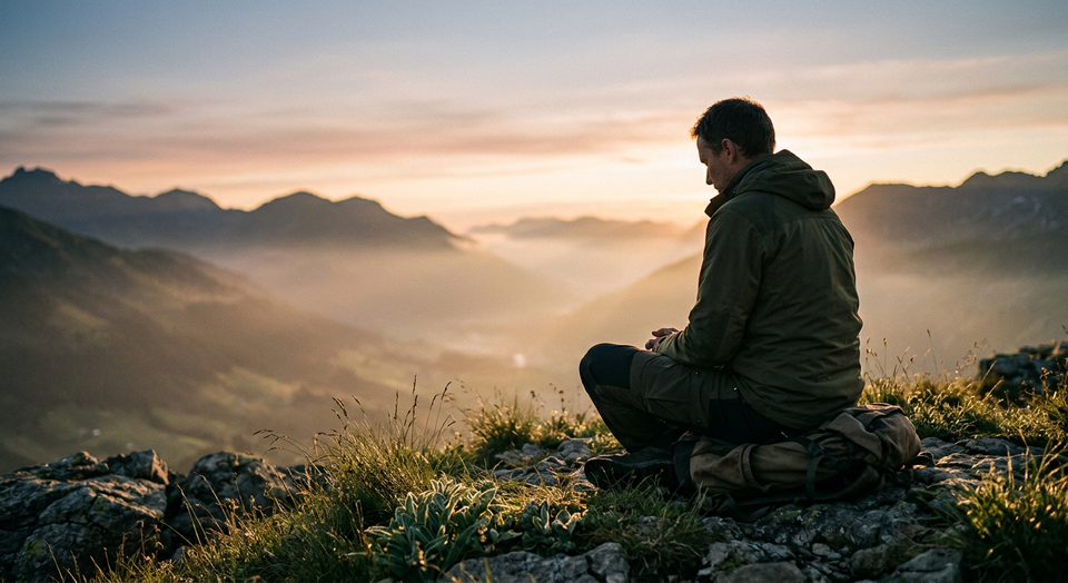 A solitary person sitting quietly in nature at sunrise, symbolizing solitude, prayer, and awareness of God’s presence.