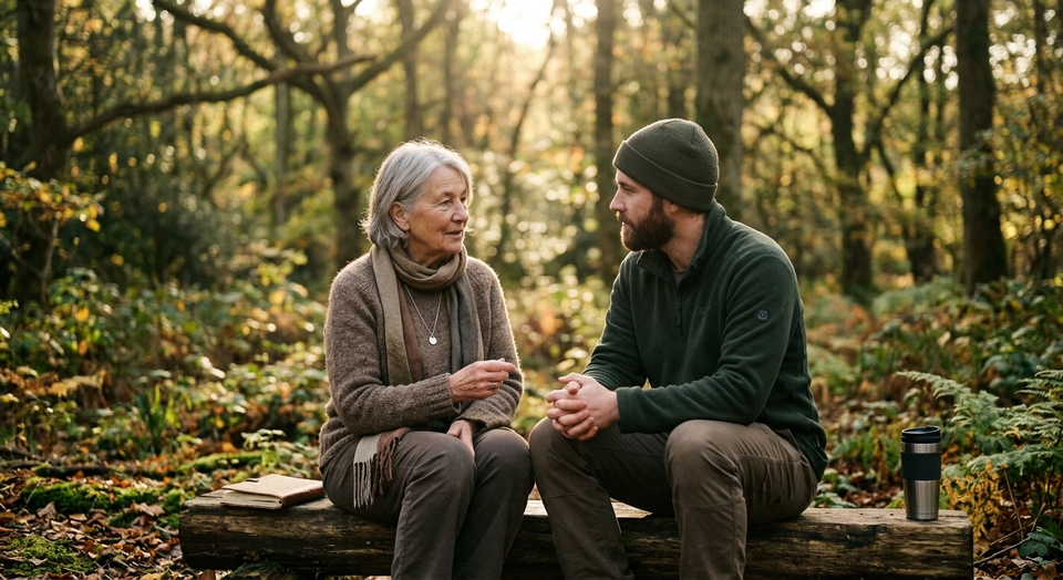 Two people in thoughtful conversation in a peaceful setting, symbolizing spiritual guidance, wisdom, and companionship.