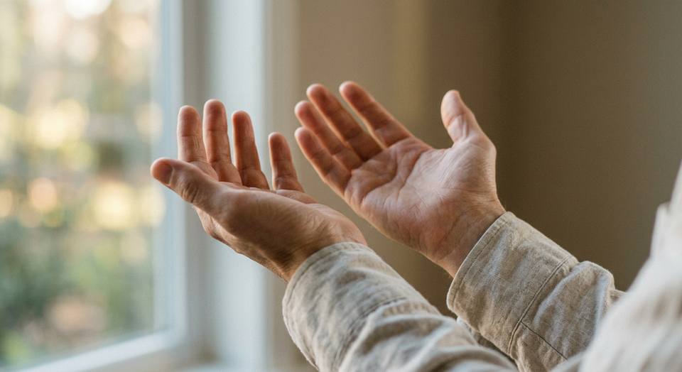 Open hands in soft morning light, symbolizing trust, surrender, and spiritual submission.