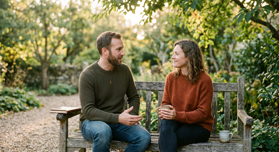 Two friends in thoughtful conversation outdoors, symbolizing accountability, trust, and spiritual growth.