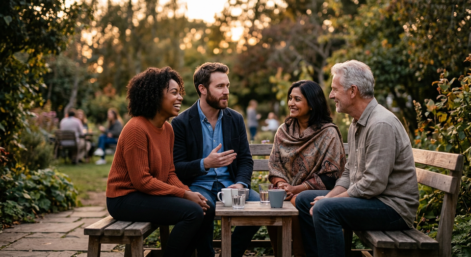 A small group gathered in conversation and fellowship, symbolizing community, encouragement, and shared spiritual growth.