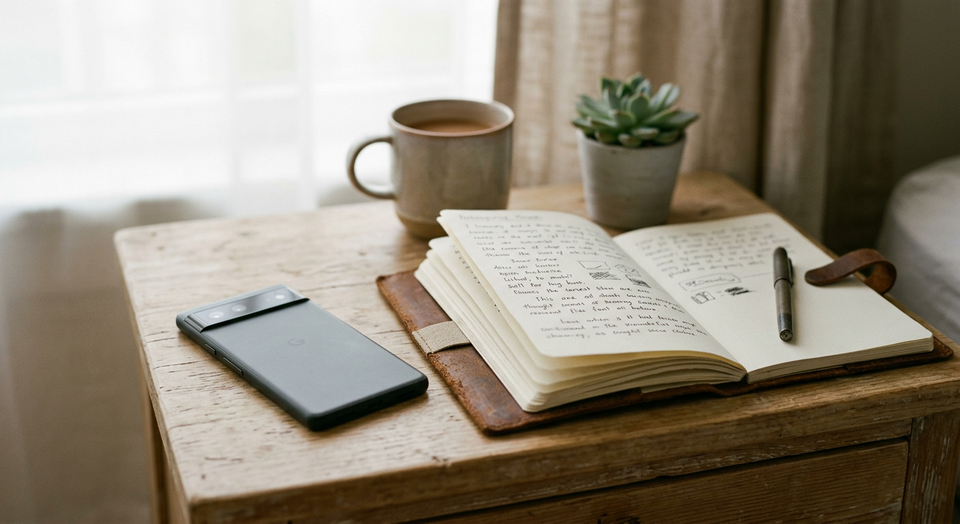 A smartphone placed face down beside a journal in soft light, symbolizing unplugging and intentional attention.