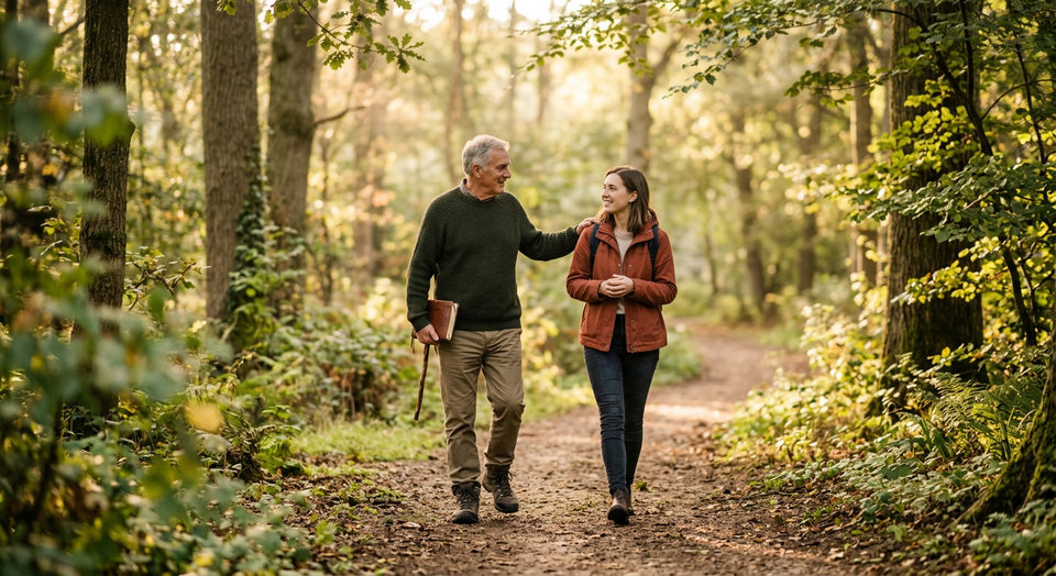 Two people walking together along a peaceful path, symbolizing discipleship, encouragement, and spiritual companionship.