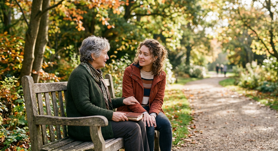 Two people engaged in thoughtful conversation outdoors, symbolizing mentoring, encouragement, and shared wisdom.