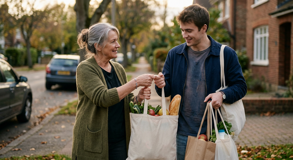 A person helping another with a practical task in soft natural light, symbolizing service, compassion, and everyday love.