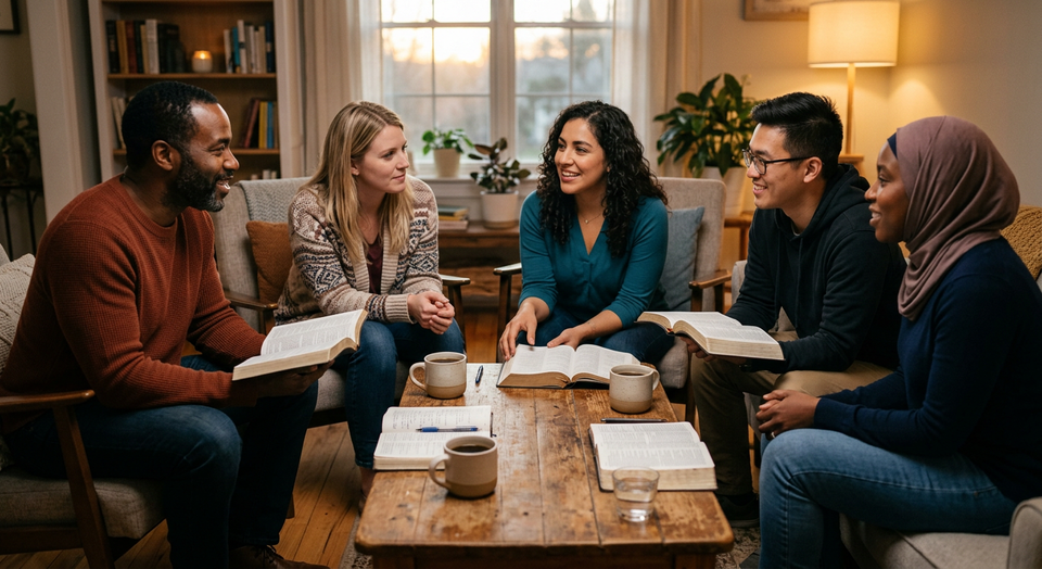 A small group gathered in conversation and prayer, symbolizing spiritual friendship, encouragement, and shared growth.