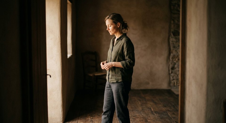 A person stepping from shadow into soft light, symbolizing confession, honesty, and grace.