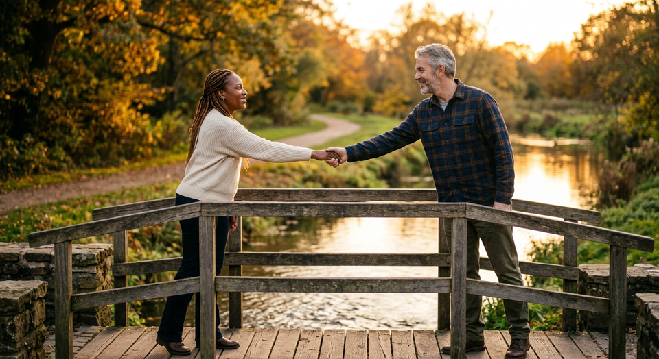 Two people reaching toward one another across a small bridge in warm evening light, symbolizing reconciliation, unity, and re
