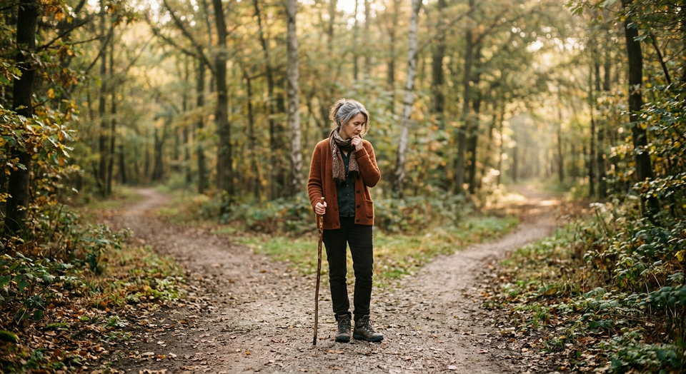 A person standing thoughtfully at a fork in a path in soft light, symbolizing discernment and spiritual guidance.