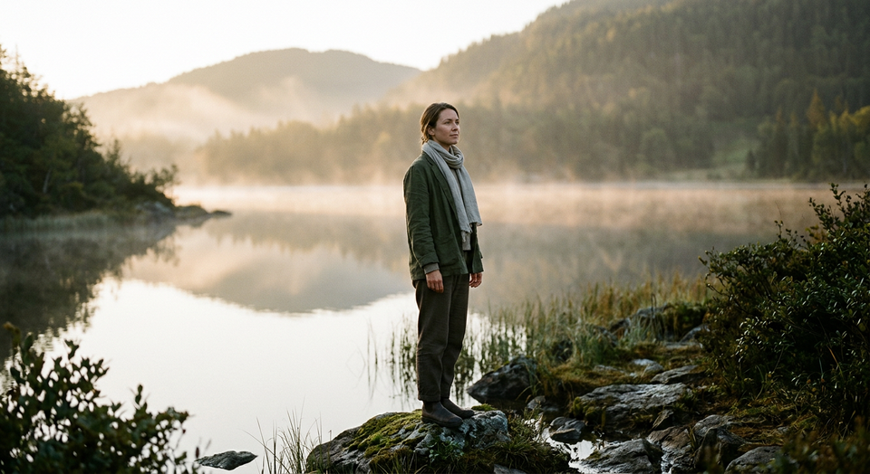 A person standing attentively in a peaceful natural setting, symbolizing mindfulness and spiritual awareness.
