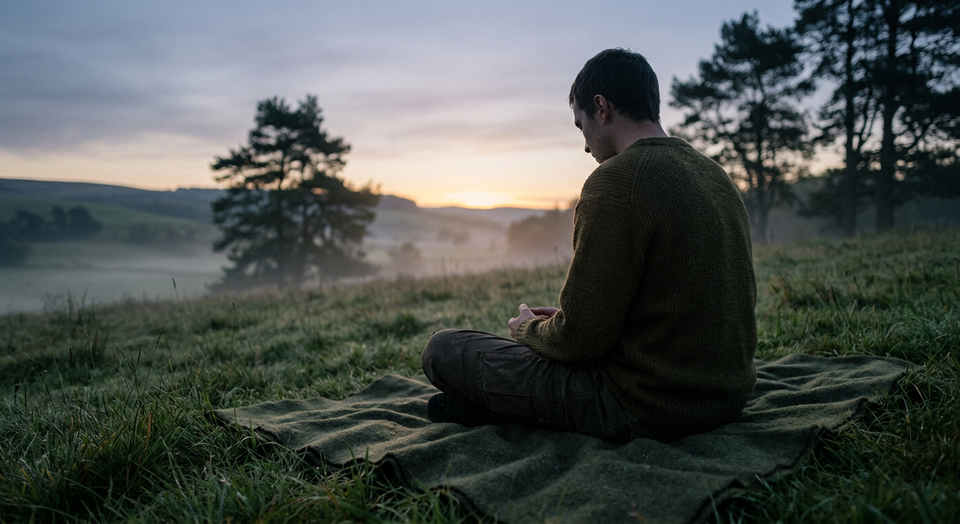 A person sitting quietly in soft morning light, symbolizing silence, attentiveness, and spiritual stillness.