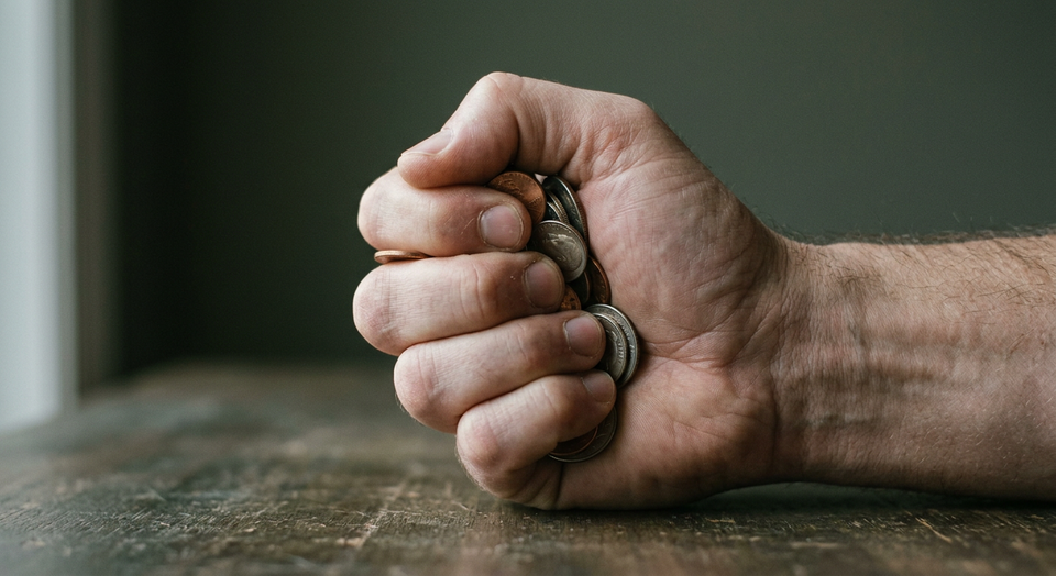 Clenched hand gripping coins tightly in dim light