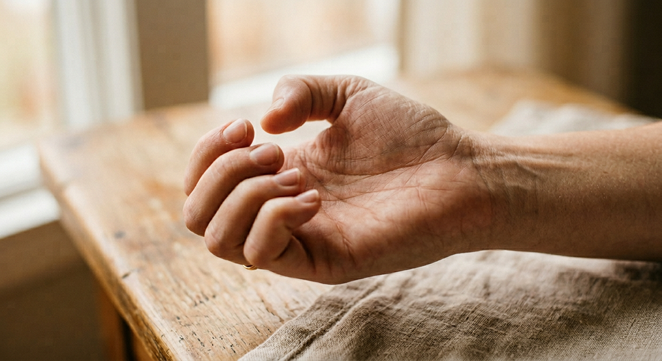 A hand opening from a clenched fist to an open palm in soft light, symbolizing release and letting go.
