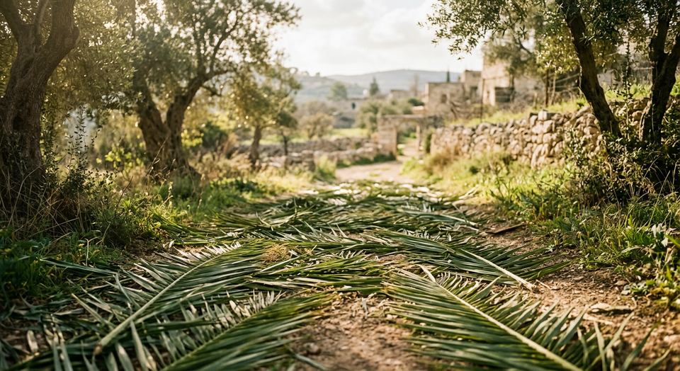 Palm branches laid along a simple path in soft sunlight, symbolizing humility and the arrival of a king without wealth.