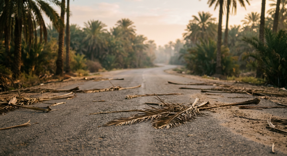 Palm branches scattered on an empty path in soft light, symbolizing quiet reflection after Palm Sunday.