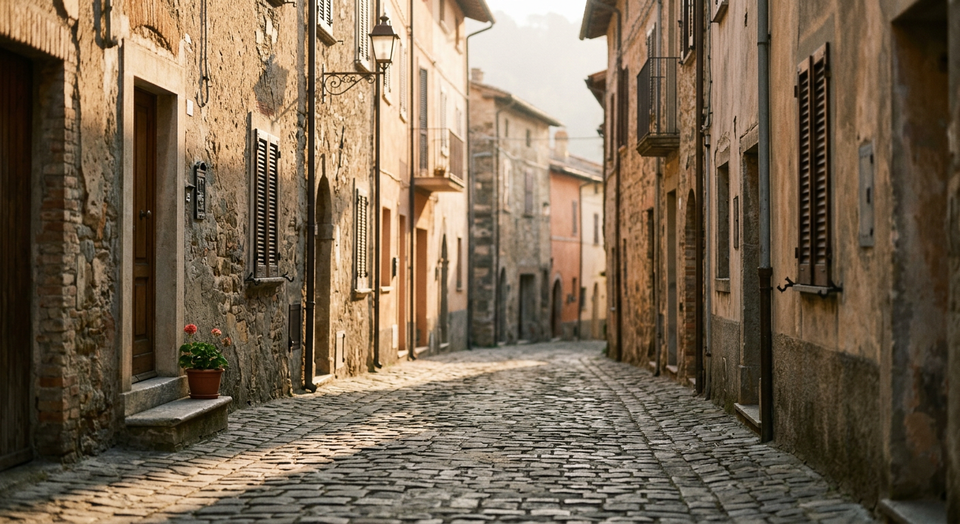 A quiet street with soft morning light and shadows, symbolizing stillness and attentive observation.