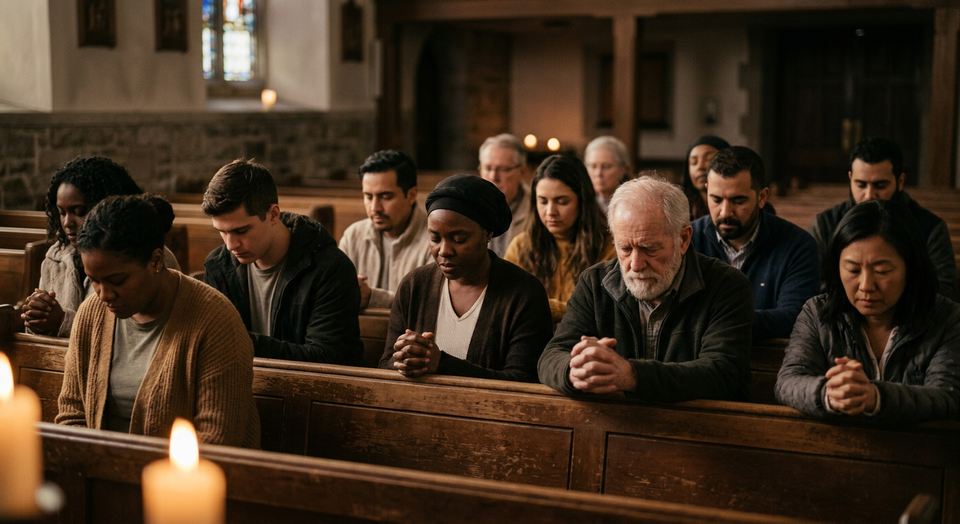 People gathered together in worship in soft light, symbolizing shared faith and community.