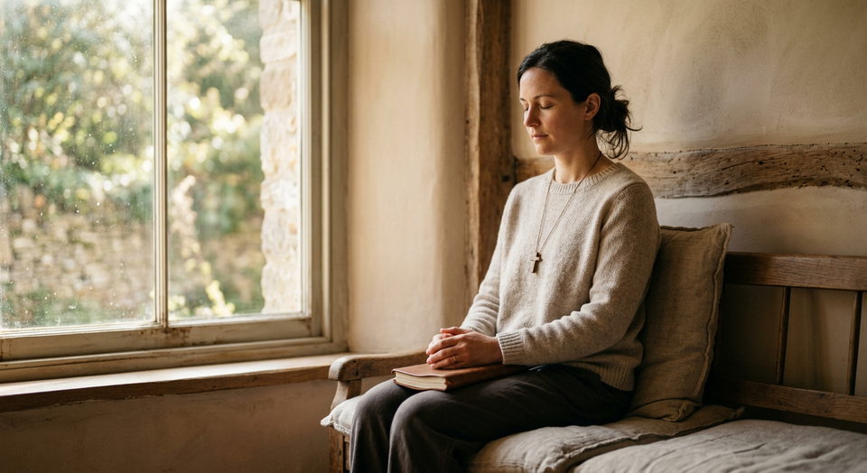 A person sitting quietly in soft light, symbolizing contemplation and resting in God’s presence.
