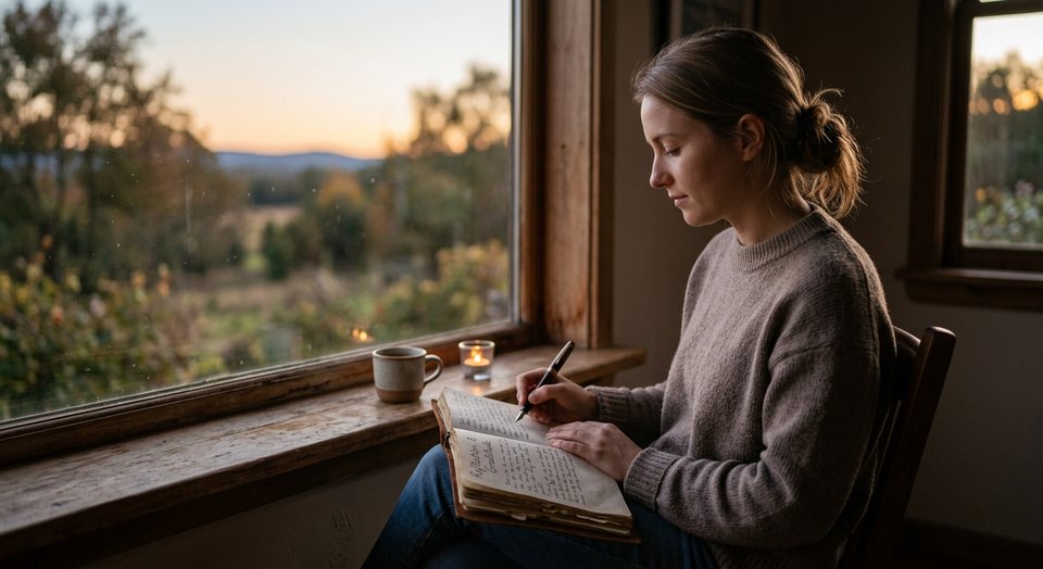 A person reflecting with a journal in soft evening light, symbolizing prayerful review of the day.