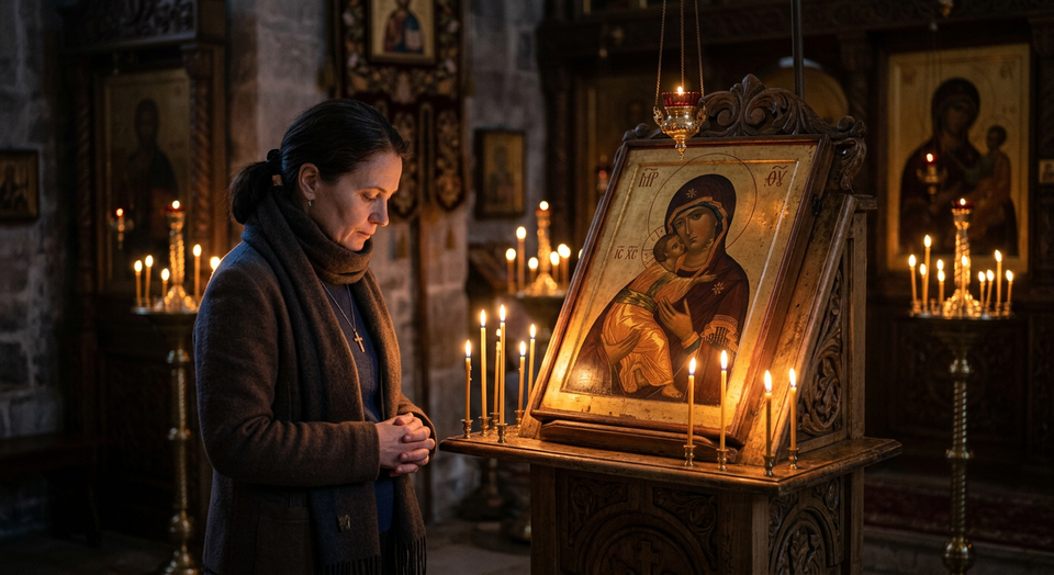 A person quietly reflecting before a sacred icon in soft candlelight, symbolizing contemplative prayer and holy attention.