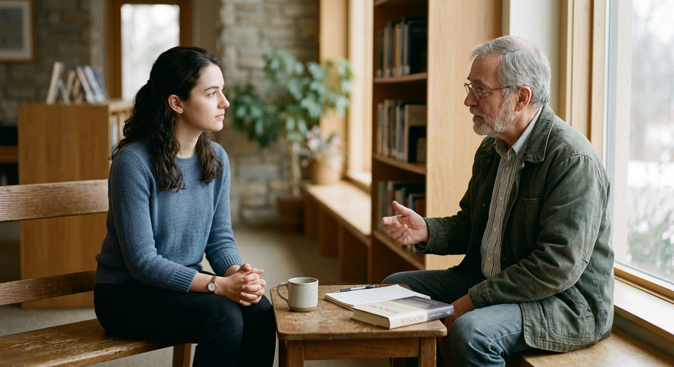 Two people engaged in thoughtful conversation, symbolizing humility, learning, and teachability.