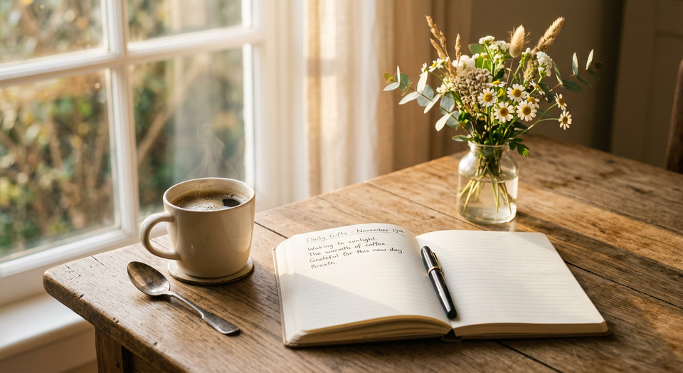 Morning light shining on a journal and coffee cup, symbolizing gratitude for ordinary daily gifts.
