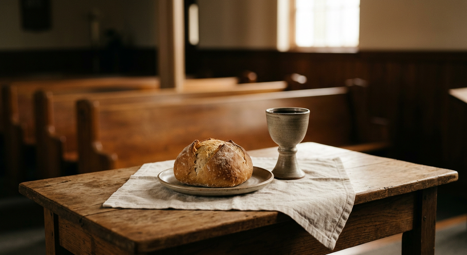 Bread and cup on a simple Communion table in soft light, symbolizing grace and remembrance.