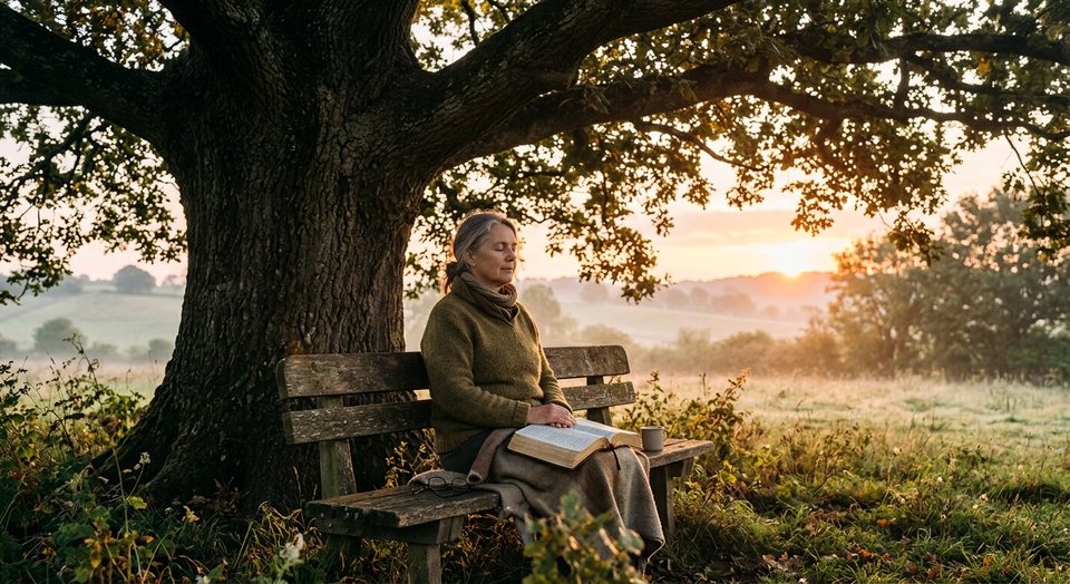 A person sitting quietly beneath a tree with an open Bible, reflecting the practice of listening prayer and attentiveness to
