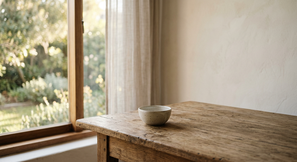 Minimalist wooden table with a single ceramic bowl in soft morning light, representing simplicity and freedom from excess.