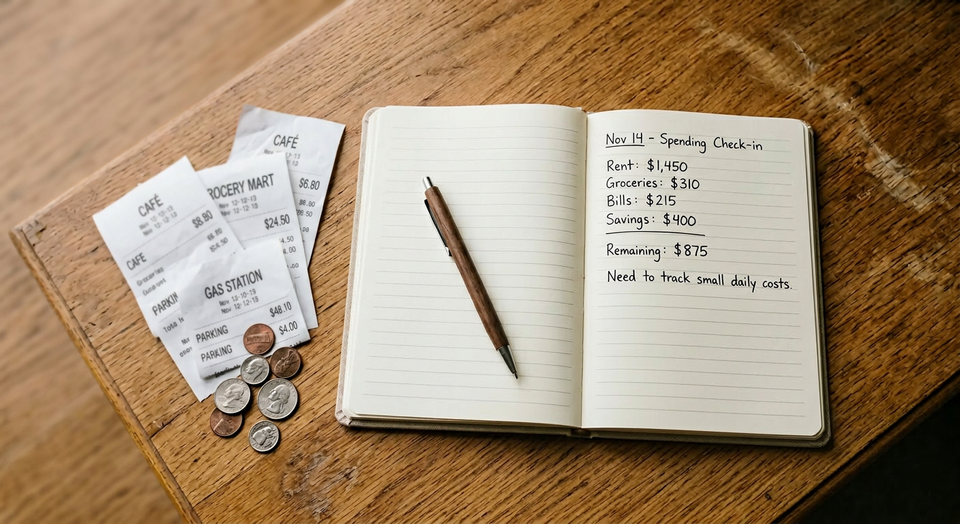 A simple desk with a notebook, receipts, and coins in soft natural light, representing reflection on spending and financial h