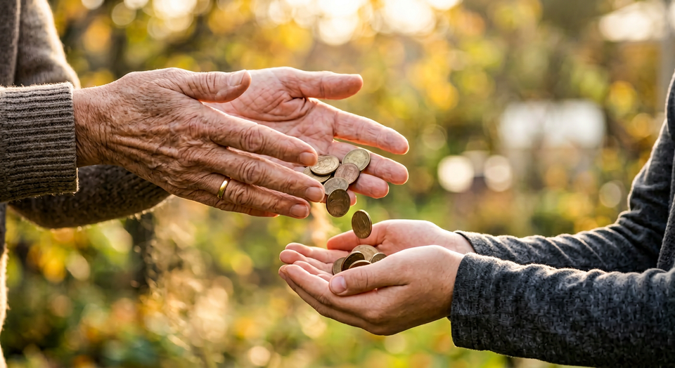 Two open hands exchanging coins in warm sunlight, symbolizing generosity and open-handed giving.