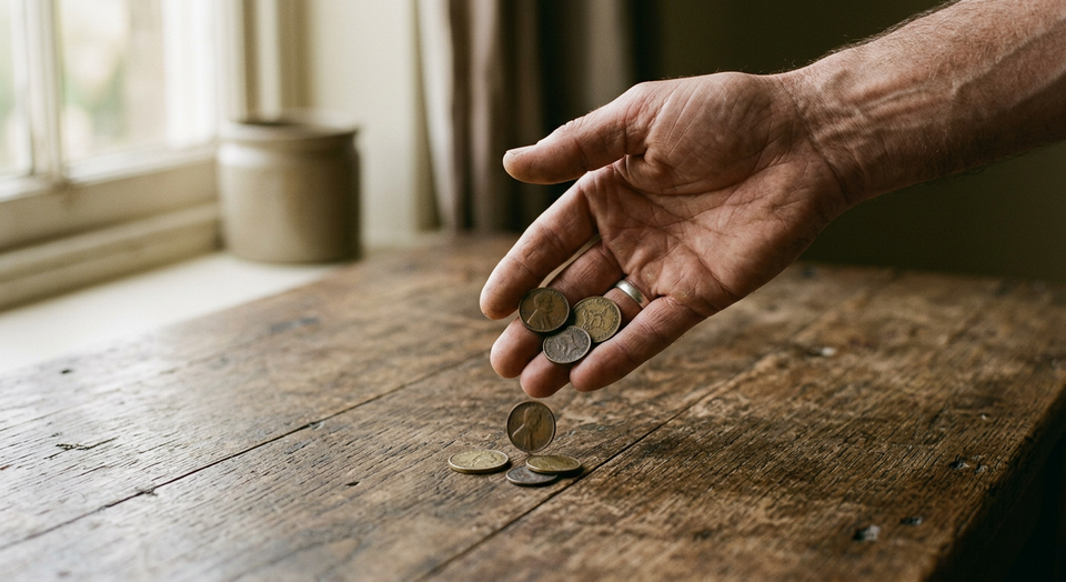 A hand releasing coins onto a wooden surface in soft light, symbolizing financial sacrifice and trust.
