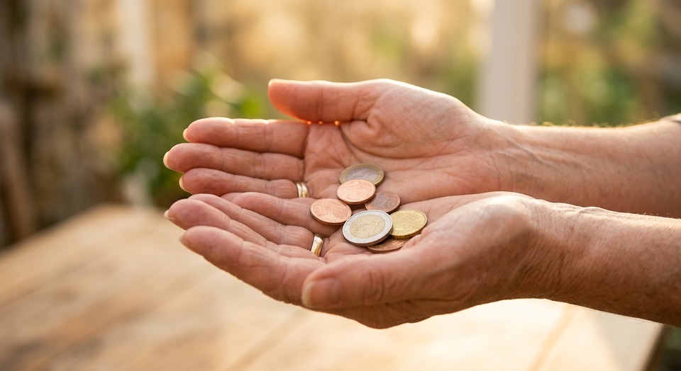 Open hands holding coins in warm sunlight, symbolizing generosity, release, and quiet joy.