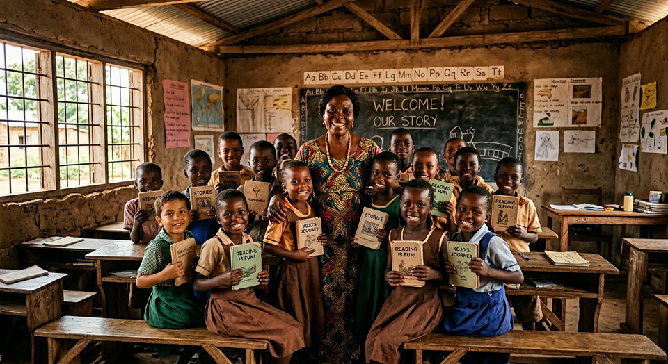 A smiling female teacher stands in a rustic, earth-walled classroom surrounded by a group of joyful young students who are pr
