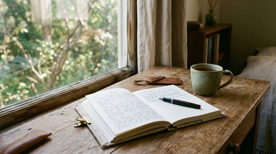 An open journal and fountain pen rest on a wooden desk beside a warm cup in gentle morning light.