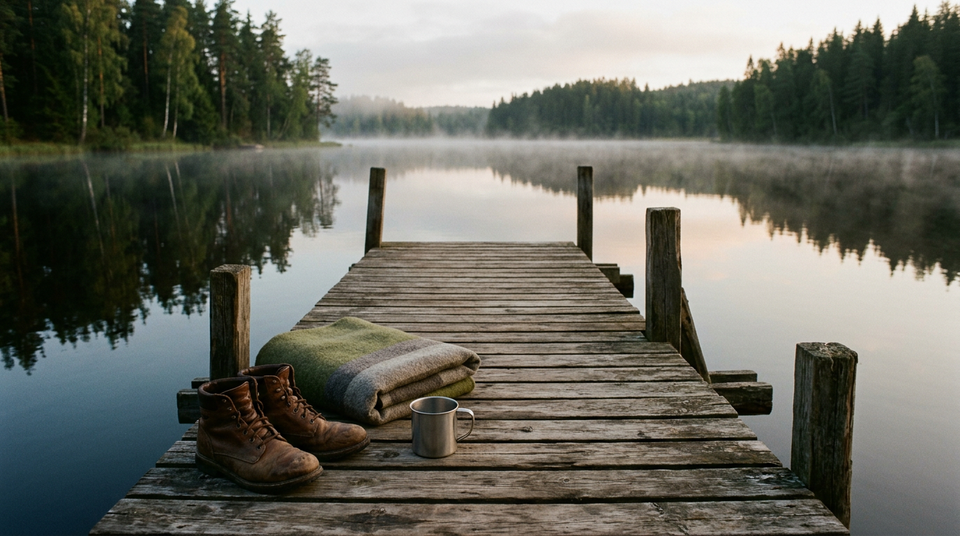Walking boots, a folded wool blanket, and a metal cup rest on a quiet wooden dock beside a mist-covered lake.