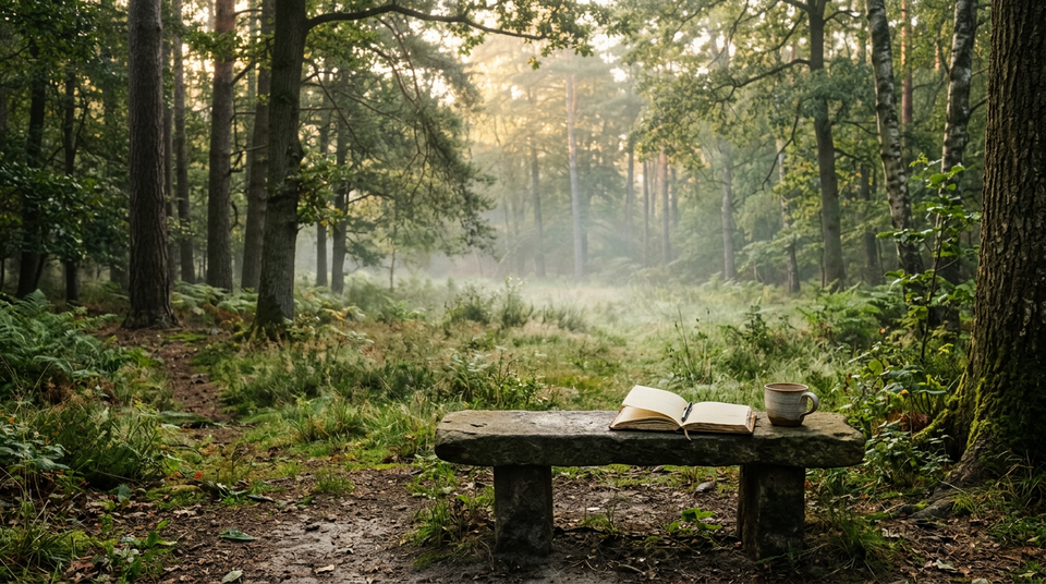 A stone bench in a misty forest clearing holds an open journal and ceramic cup in soft morning light.