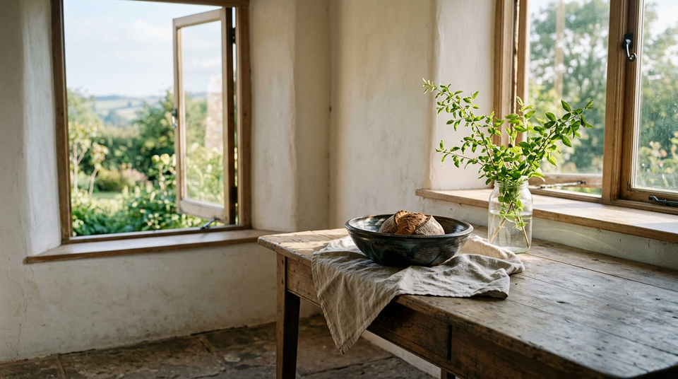 A simple wooden table holds bread, a ceramic bowl, and a single green branch beside an open sunlit window.