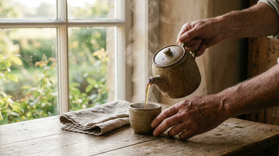 A person slowly pours steaming tea into a handmade ceramic cup beside a softly lit window.