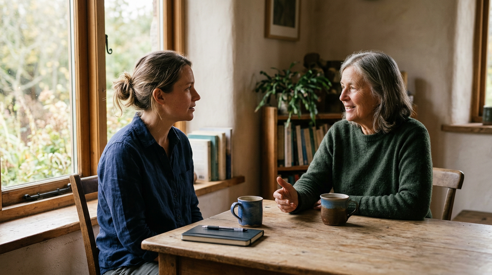 Two adults sit across a wooden table in quiet conversation as one speaks and the other listens attentively.