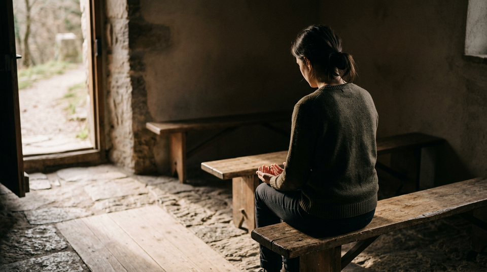 A person sits with open hands in a quiet room as warm morning light enters through an open doorway.