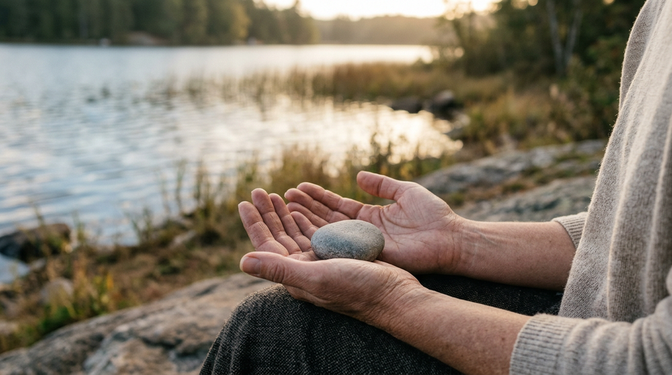 A smooth river stone rests lightly in a person’s open hands beside a quiet shoreline in soft morning light.