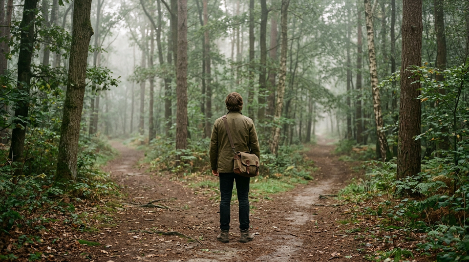 A solitary traveler pauses where a misty woodland path divides into two trails beneath soft morning light.
